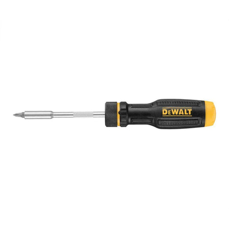 Side profile view of the 11-piece DEWALT ratcheting screwdriver set, highlighting the slim industrial design and the specialized knurled texture on the ratcheting collar for maximum finger-tip control and rapid fastener rotation.