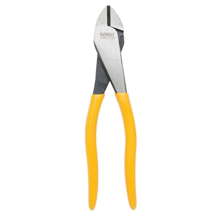 A front studio profile of the DEWALT DWHT70793 diagonal pliers. The tool features a sleek metallic head with precision-aligned induction-hardened cutting blades and high-leverage yellow handles, ideal for professional tradespeople and heavy-duty jobsite use.