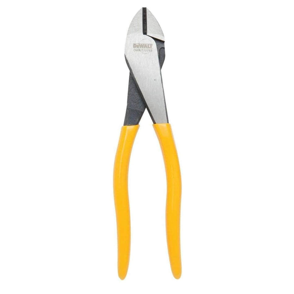 A front studio profile of the DEWALT DWHT70793 diagonal pliers. The tool features a sleek metallic head with precision-aligned induction-hardened cutting blades and high-leverage yellow handles, ideal for professional tradespeople and heavy-duty jobsite use.