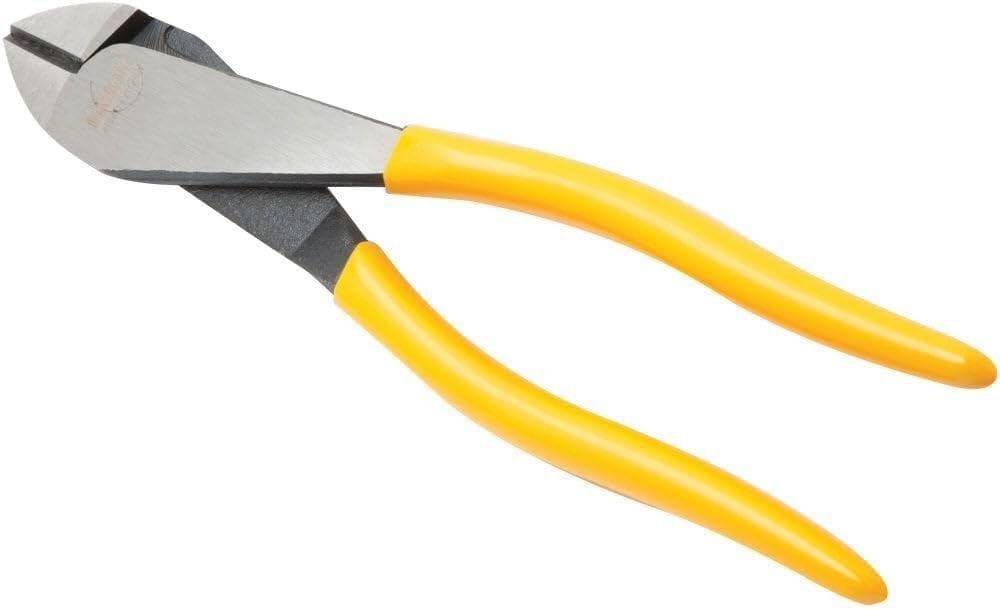 A perspective view of the DEWALT 7-inch diagonal wire cutters showing the precision-machined jaws in an open position. The image highlights the durable Cr-V steel cutting edges and the ergonomic yellow anti-tear grips designed for comfort and reduced hand fatigue during repetitive electrical work.