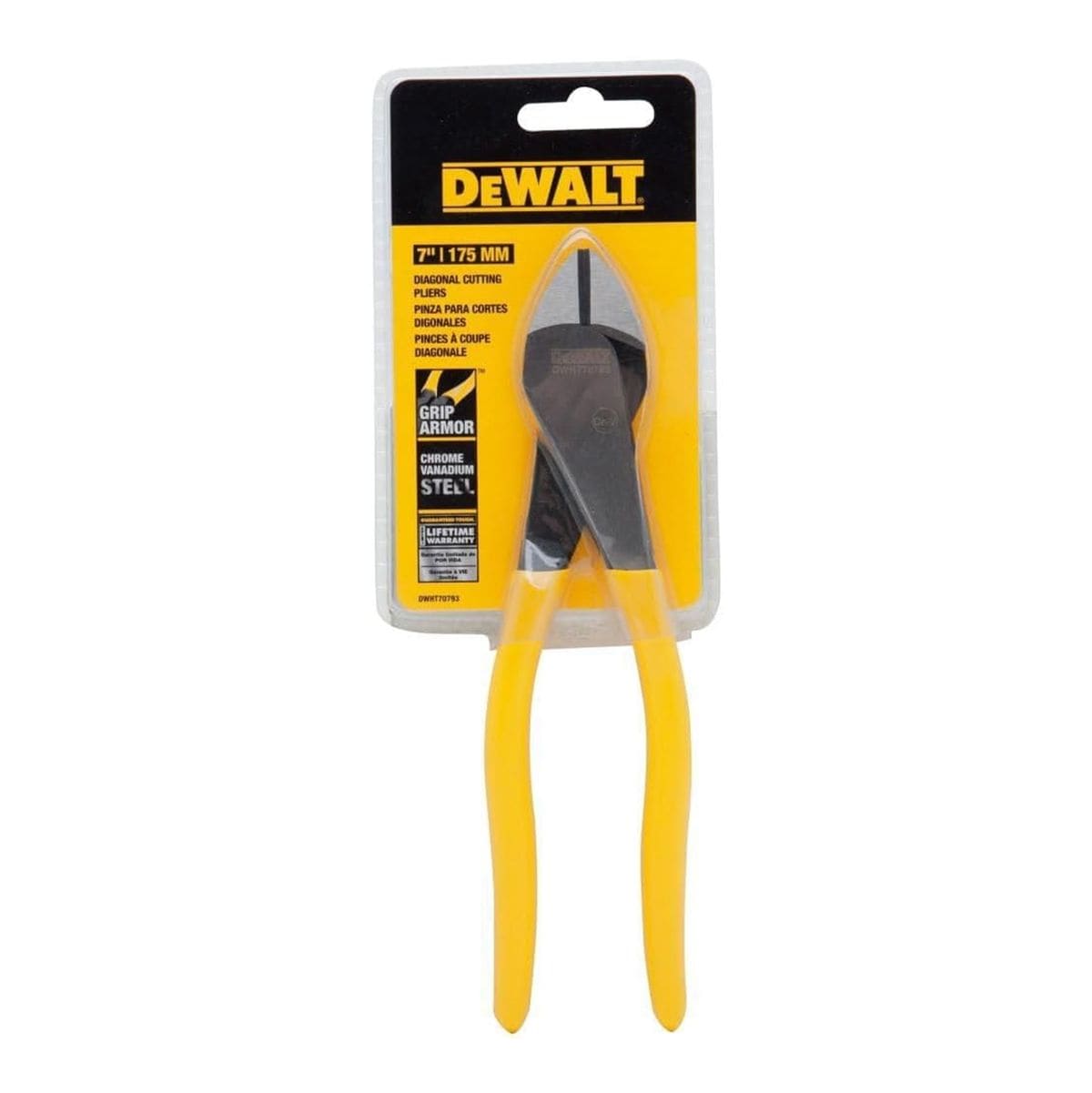 A retail-packaged view of the DEWALT DWHT70793 7-inch diagonal cutting pliers. The yellow and black card highlights key features including Grip Armor technology, chrome vanadium steel construction for high-strength wire cutting, and a guaranteed tough limited lifetime warranty.