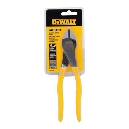 A retail-packaged view of the DEWALT DWHT70793 7-inch diagonal cutting pliers. The yellow and black card highlights key features including Grip Armor technology, chrome vanadium steel construction for high-strength wire cutting, and a guaranteed tough limited lifetime warranty.