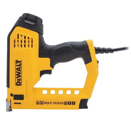 Right side profile of the DEWALT DWHT75021 Heavy Duty Electric 5-in-1 Multi-Tacker, showcasing the ergonomic black rubber grip, yellow high-impact housing, and heavy-duty power cord for professional fastening tasks.