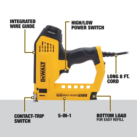 Diagram of the DEWALT 5-in-1 Electric Multi-Tacker with labels highlighting key features: Integrated Wire Guide, High/Low Power Switch, Long 8 Ft. Cord, Bottom Load for Easy Refill, and Contact-Trip Switch.