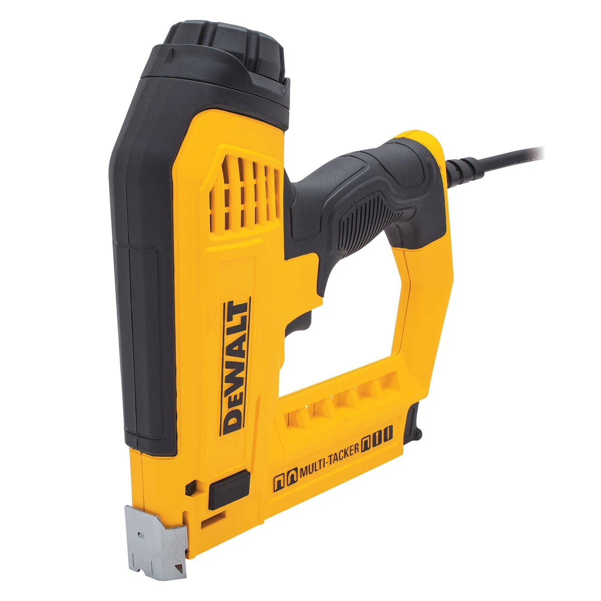 Front-angled view of the DEWALT DWHT75021 Multi-Tacker, illustrating the integrated wire guide deployed at the nose for precision stapling over low-voltage cables and wires.