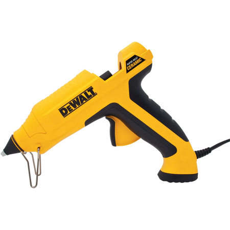 DEWALT DWHT75098 full size ceramic rapid heat glue gun profile view featuring the yellow and black ergonomic handle, integrated fold-out wire stand, and high-output heating nozzle.