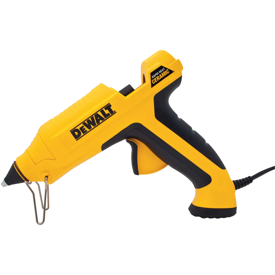 DEWALT DWHT75098 full size ceramic rapid heat glue gun profile view featuring the yellow and black ergonomic handle, integrated fold-out wire stand, and high-output heating nozzle.