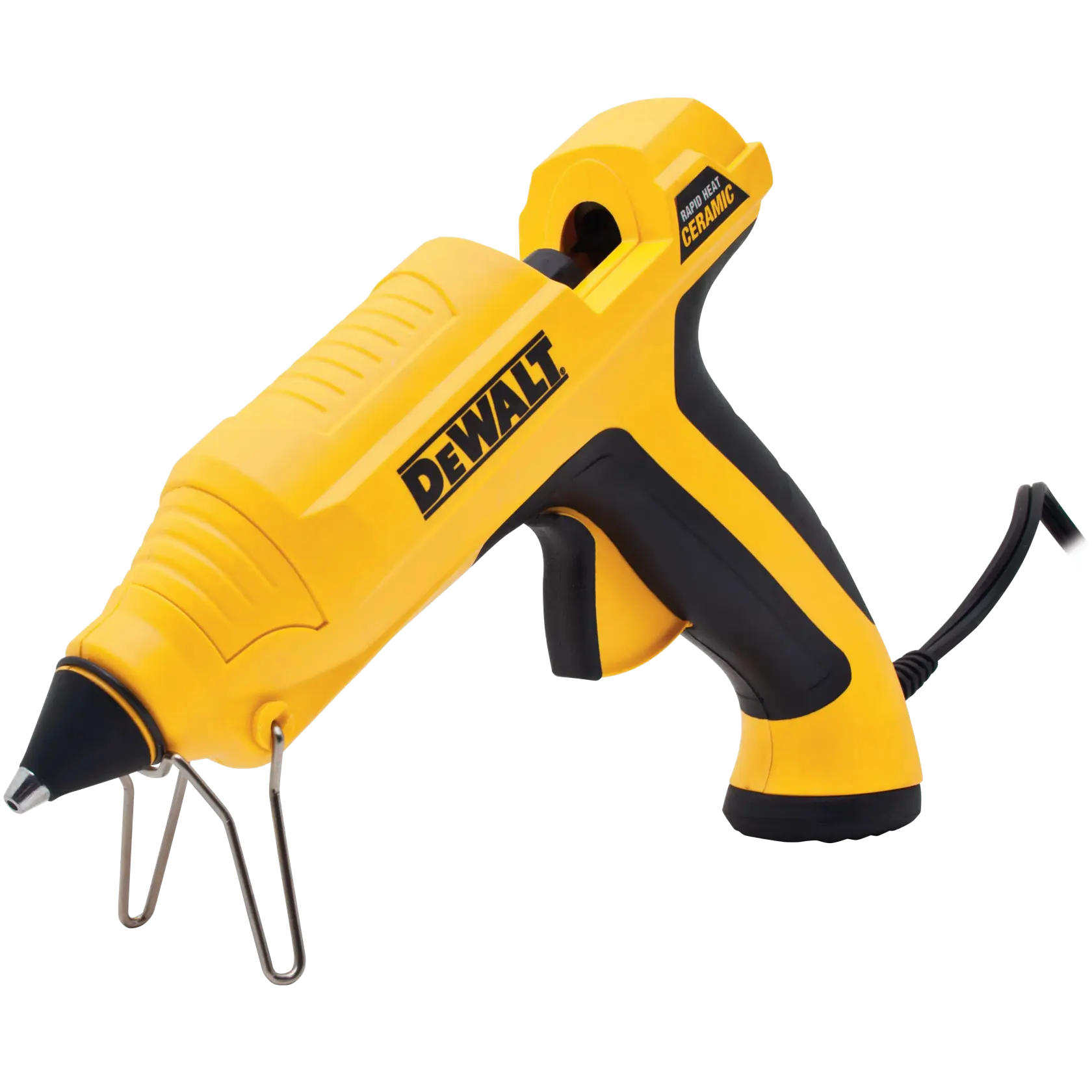 Angled studio shot of the DEWALT DWHT75098 professional glue gun highlighting the ceramic rapid heat technology branding and precision nozzle for industrial adhesive applications.