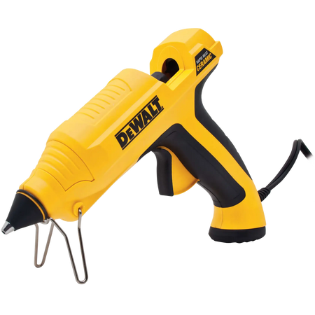 Angled studio shot of the DEWALT DWHT75098 professional glue gun highlighting the ceramic rapid heat technology branding and precision nozzle for industrial adhesive applications.