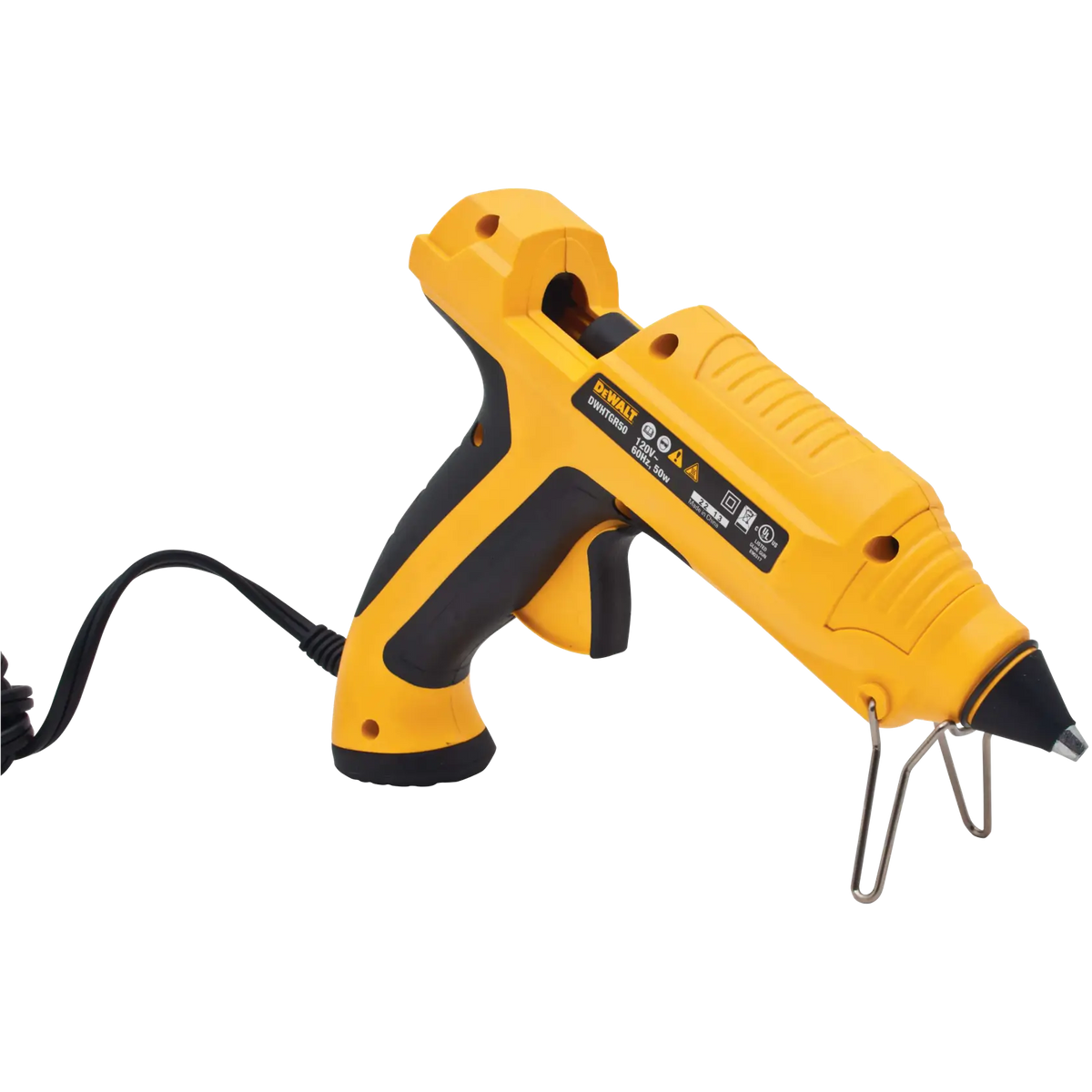 Rear angled view of the DEWALT DWHT75098 high output glue gun showing the power cord connection, textured grip, and dual temperature control interface for jobsite versatility.