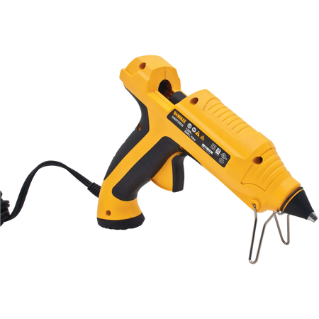 Rear angled view of the DEWALT DWHT75098 high output glue gun showing the power cord connection, textured grip, and dual temperature control interface for jobsite versatility.