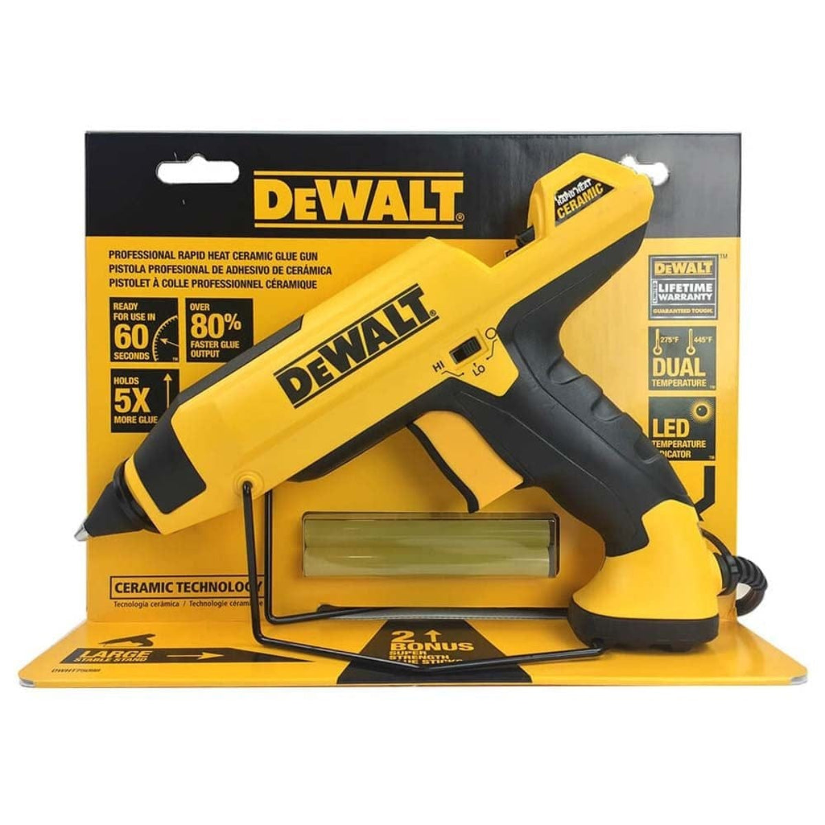 DEWALT DWHT75098 retail packaging showcasing the rapid heat ceramic glue gun with 60-second heat up time, dual temperature LED indicator, and high-output performance specifications.