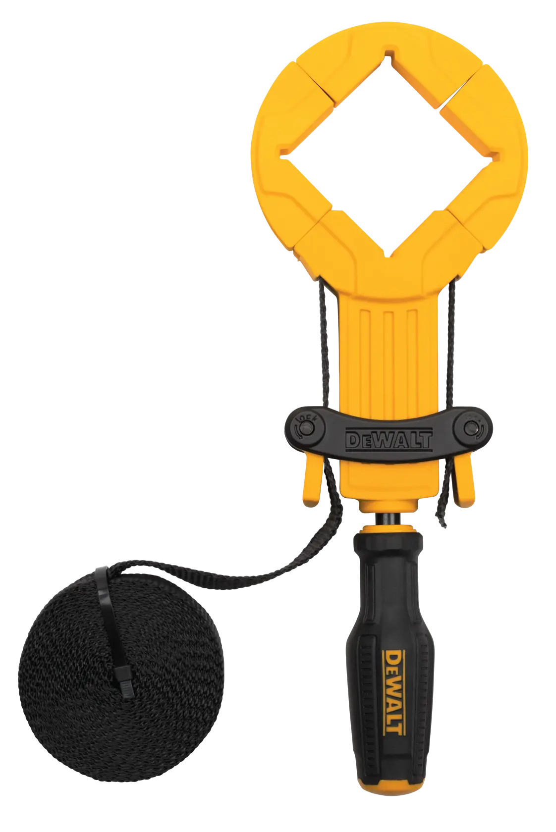 A studio product view of the DEWALT DWHT83839 15-foot heavy-duty nylon band clamp. The image shows the yellow frame with four corner guides arranged in a square configuration, the ergonomic black and yellow quad-lobe handle, and a large rolled coil of the high-tension black nylon strap capable of 1,000 lbs of force.