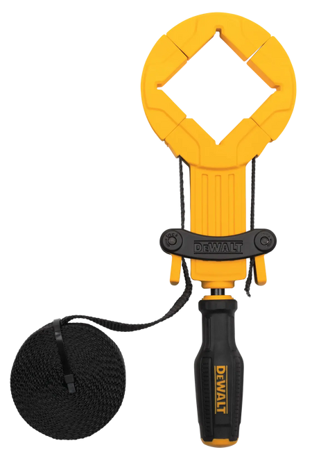 A studio product view of the DEWALT DWHT83839 15-foot heavy-duty nylon band clamp. The image shows the yellow frame with four corner guides arranged in a square configuration, the ergonomic black and yellow quad-lobe handle, and a large rolled coil of the high-tension black nylon strap capable of 1,000 lbs of force.