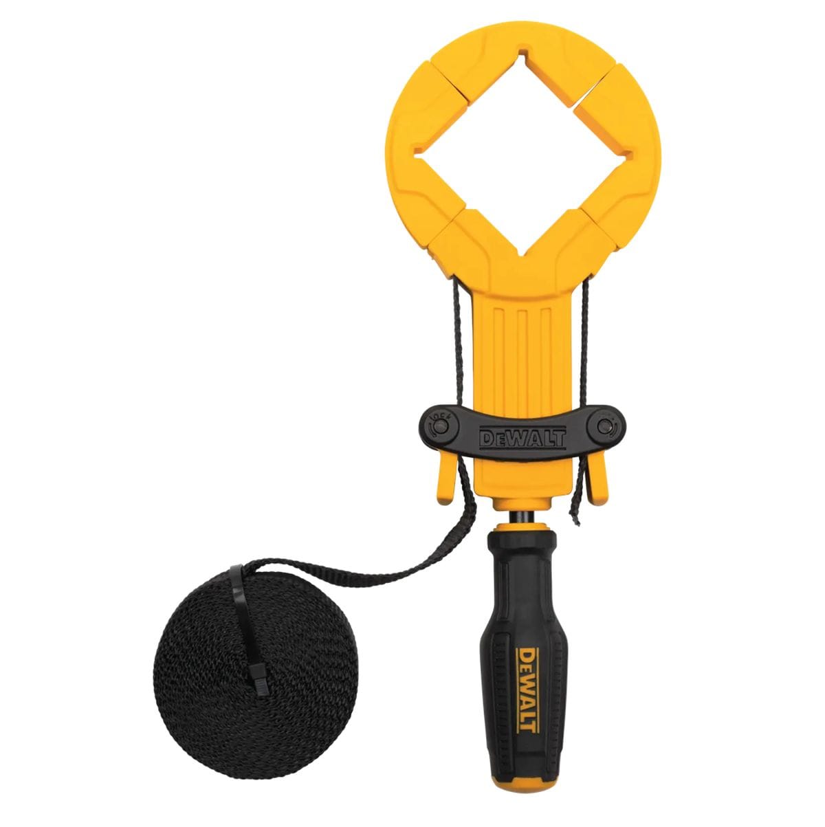 A studio product view of the DEWALT DWHT83839 15-foot heavy-duty nylon band clamp. The image shows the yellow frame with four corner guides arranged in a square configuration, the ergonomic black and yellow quad-lobe handle, and a large rolled coil of the high-tension black nylon strap capable of 1,000 lbs of force.