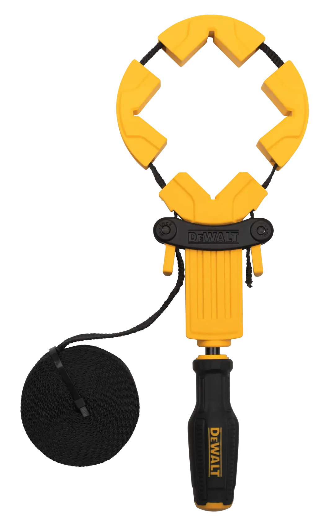 An overhead view of the DEWALT nylon band clamp with the corner guides expanded. This angle demonstrates the adjustability of the 15-foot strap, highlighting the tool's versatility for clamping large woodworking projects, irregular framing, and custom cabinet assemblies.