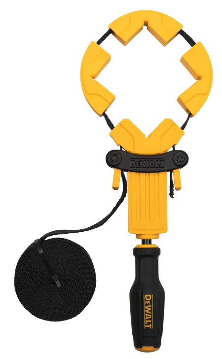 An overhead view of the DEWALT nylon band clamp with the corner guides expanded. This angle demonstrates the adjustability of the 15-foot strap, highlighting the tool's versatility for clamping large woodworking projects, irregular framing, and custom cabinet assemblies.