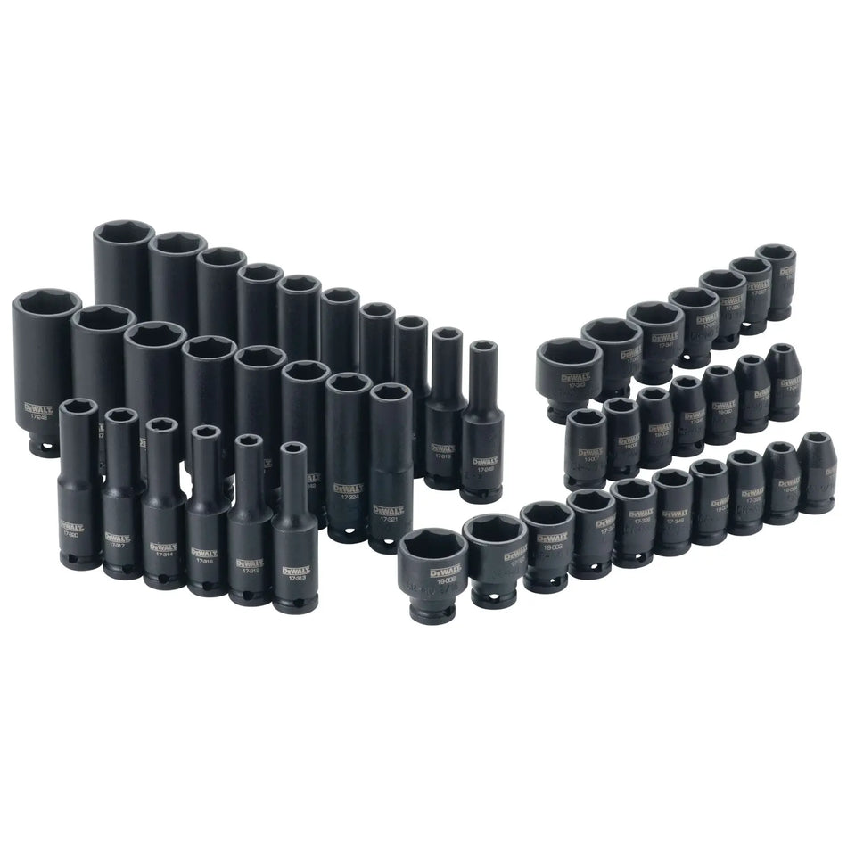 Complete 48-piece assortment of DEWALT 1/4 inch drive metric and SAE impact sockets arranged in rows showing both deep and standard lengths with black oxide finish.