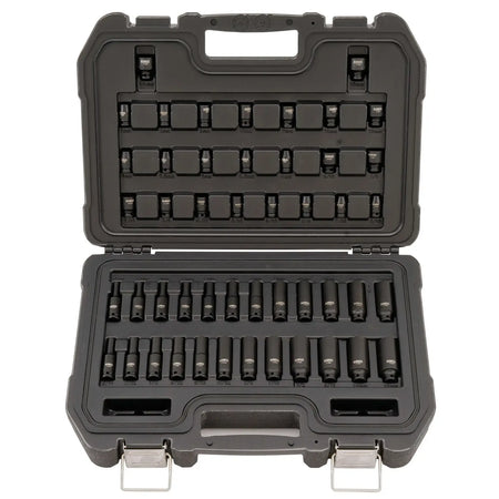 Top-down flat view of the open DEWALT impact socket case illustrating the organized layout and size-labeled slots for all 48 metric and SAE sockets.