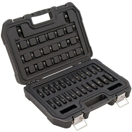 Perspective shot of the open DEWALT DWMT19251 impact socket set showcasing the durable plastic case and the high-visibility laser-etched markings on the black oxide tools.