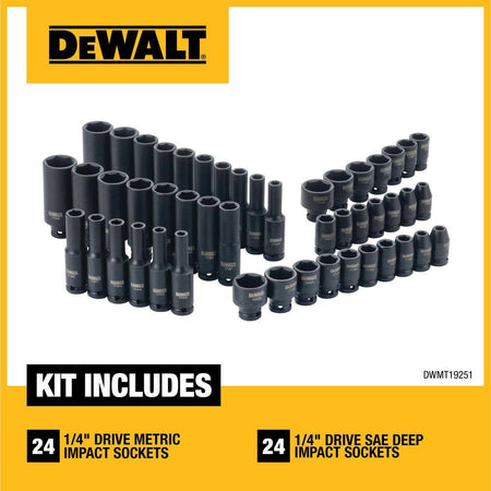 Marketing graphic for the DEWALT DWMT19251 kit including 24 metric impact sockets and 24 SAE deep impact sockets for a total 48-piece drive set.
