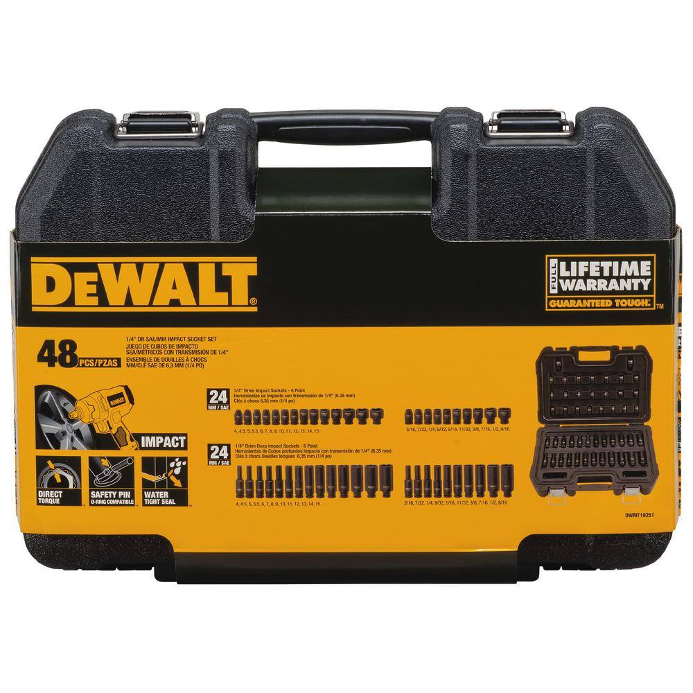 Back of the retail packaging for the DEWALT 48-piece impact socket set highlighting the lifetime warranty, DirectTorque technology, and safety pin compatibility.