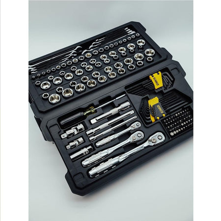A professional DEWALT 226-piece mechanics tool set organized in durable black high-impact trays, featuring 72-tooth ratchets, full polish chrome sockets, extension bars, and a comprehensive bit driver assortment.