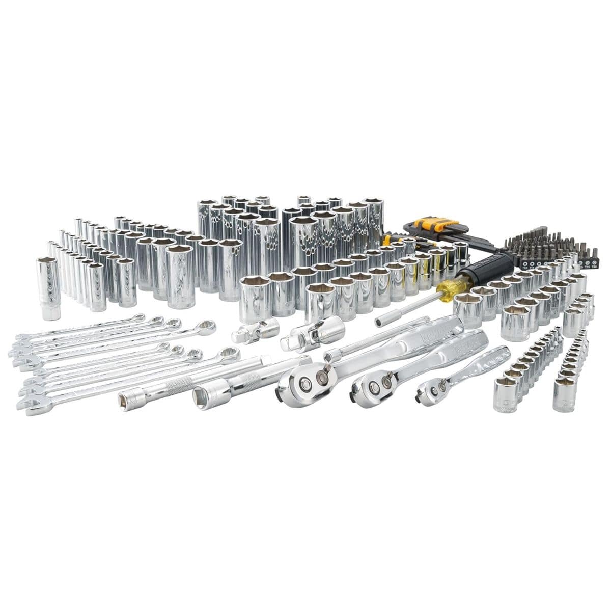 A wide layout of the complete DEWALT DWMT45226 mechanics kit, showcasing the full range of 1/4 inch, 3/8 inch, and 1/2 inch drive sockets, combination wrenches, ratchets, and hex keys in full polish chrome.