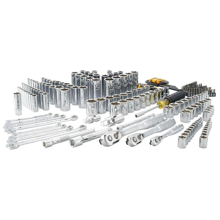 A wide layout of the complete DEWALT DWMT45226 mechanics kit, showcasing the full range of 1/4 inch, 3/8 inch, and 1/2 inch drive sockets, combination wrenches, ratchets, and hex keys in full polish chrome.