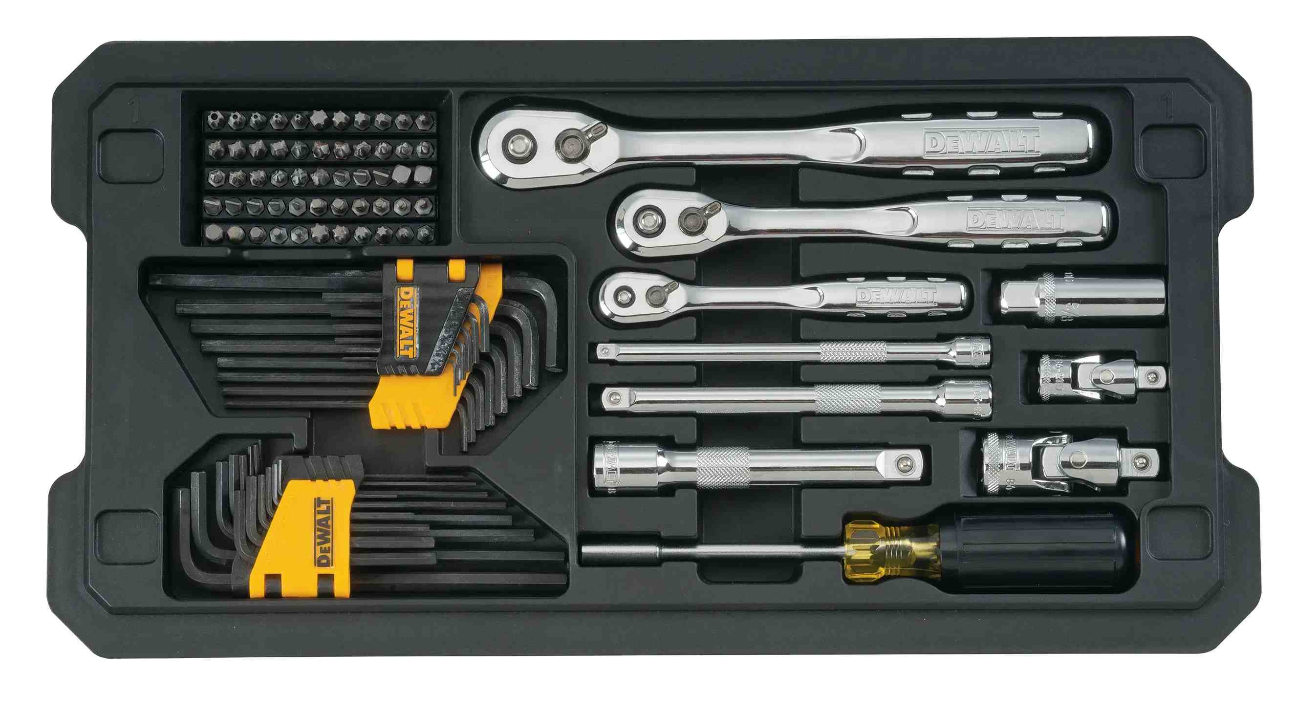 Top-down view of the first removable tool tray containing three pear-head ratchets, extension bars, universal joints, a vinyl-grip multi-driver, 55 specialty bits, and hex key sets.