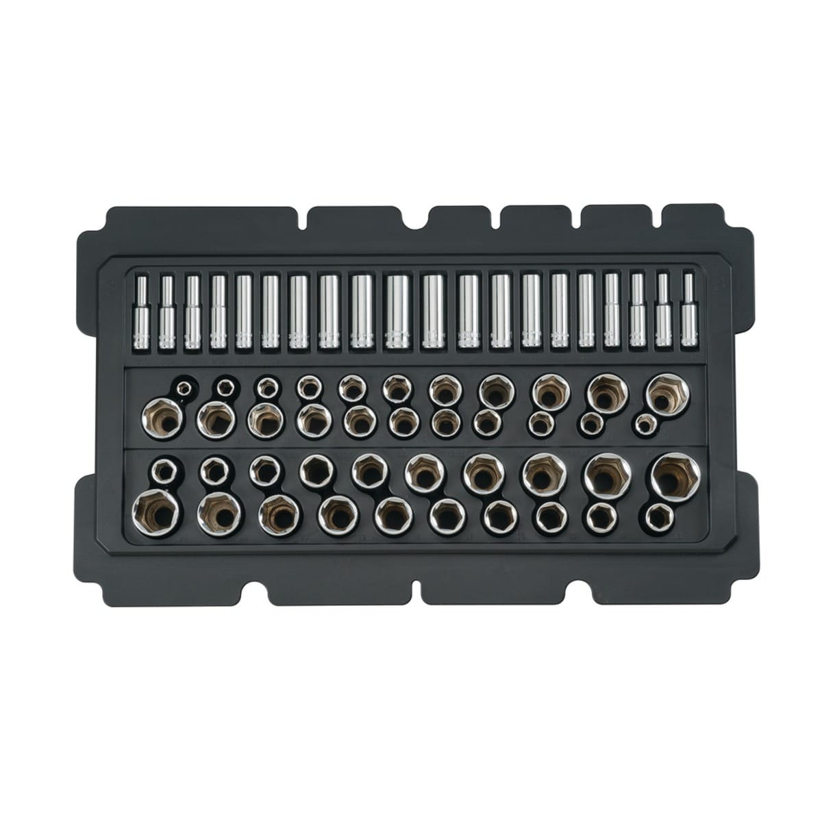 Individual tool tray neatly organizing a comprehensive range of DEWALT 1/4-inch and 3/8-inch drive deep and standard sockets with high-visibility markings.