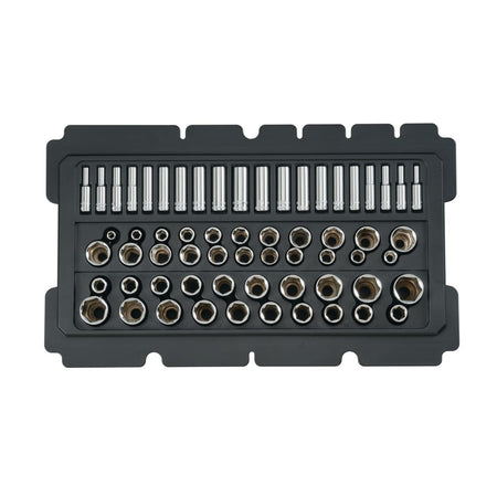 Individual tool tray neatly organizing a comprehensive range of DEWALT 1/4-inch and 3/8-inch drive deep and standard sockets with high-visibility markings.