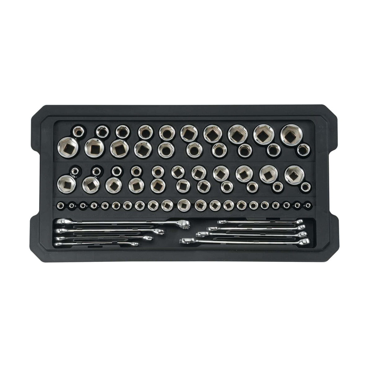 Heavy-duty tool tray showcasing a collection of 1/2-inch drive 6-point sockets and an 8-piece combination wrench set in both SAE and metric sizes.