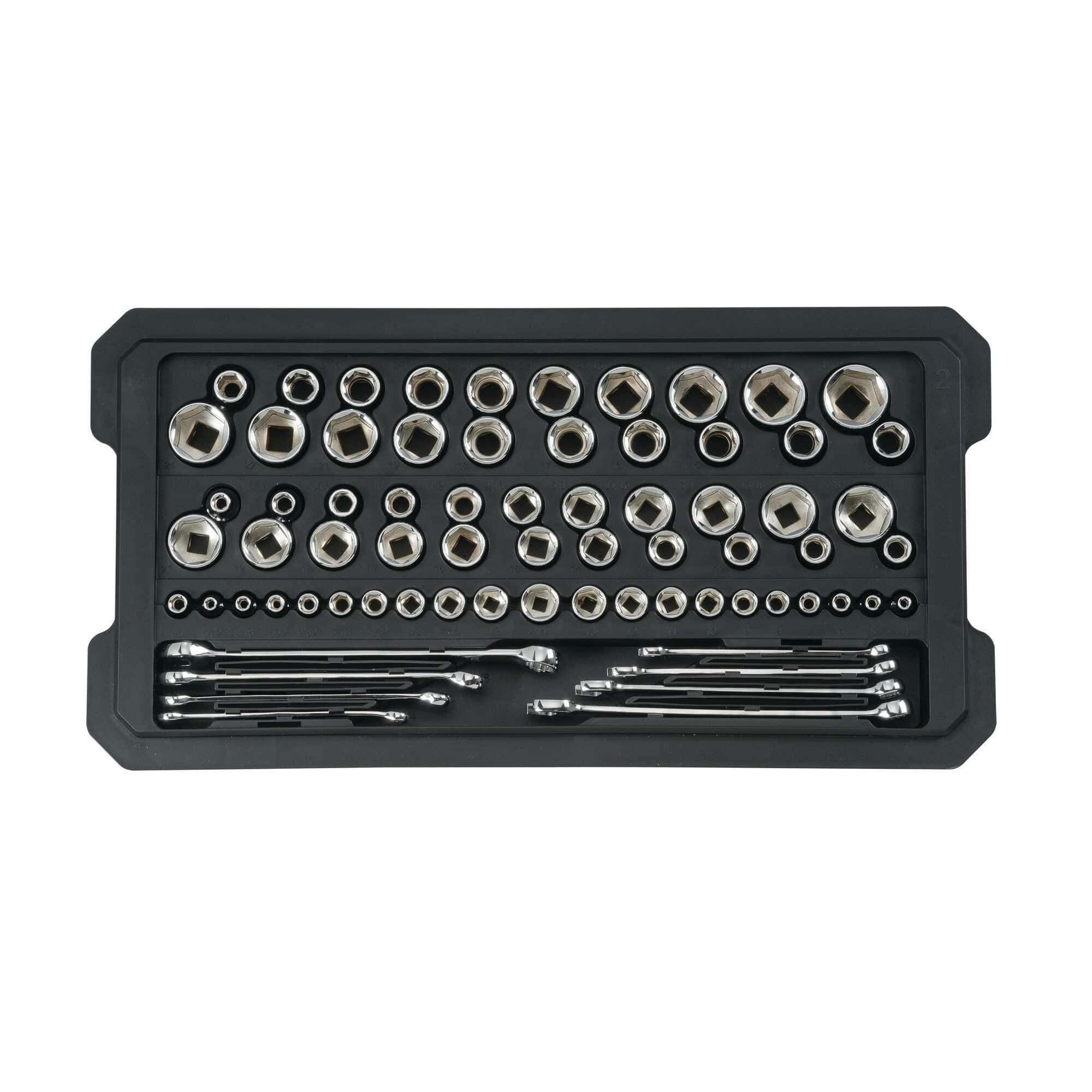 Heavy-duty tool tray showcasing a collection of 1/2-inch drive 6-point sockets and an 8-piece combination wrench set in both SAE and metric sizes.