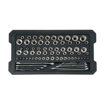 Heavy-duty tool tray showcasing a collection of 1/2-inch drive 6-point sockets and an 8-piece combination wrench set in both SAE and metric sizes.