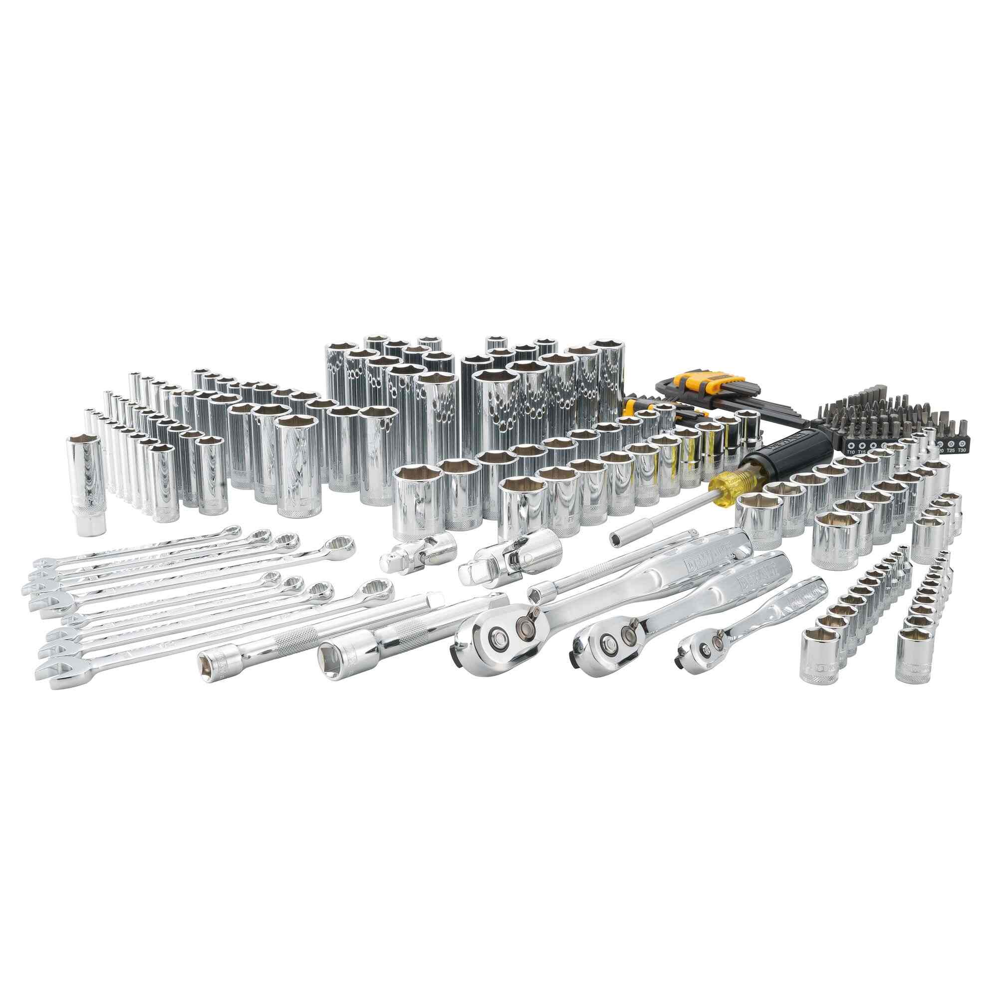 The full 226-piece DEWALT mechanics tool set displayed out of the case, featuring high-polish chrome sockets, ratchets, wrenches, hex keys, and a wide variety of driver bits.