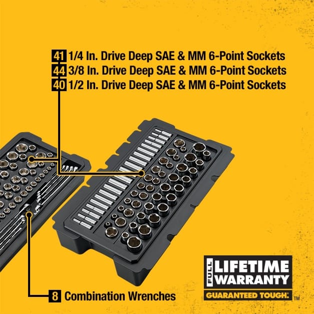 Features diagram for the DEWALT mechanics tool set emphasizing the large quantity of deep 6-point sockets and the full lifetime warranty.