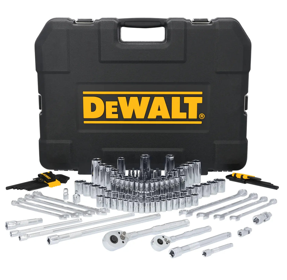 Product layout of the DEWALT TOUGHSERIES 140-piece mechanics tool set featuring 1/4 inch and 3/8 inch drive ratchets, sockets, combination wrenches, and hex keys arranged in front of a heavy-duty black carrying case.