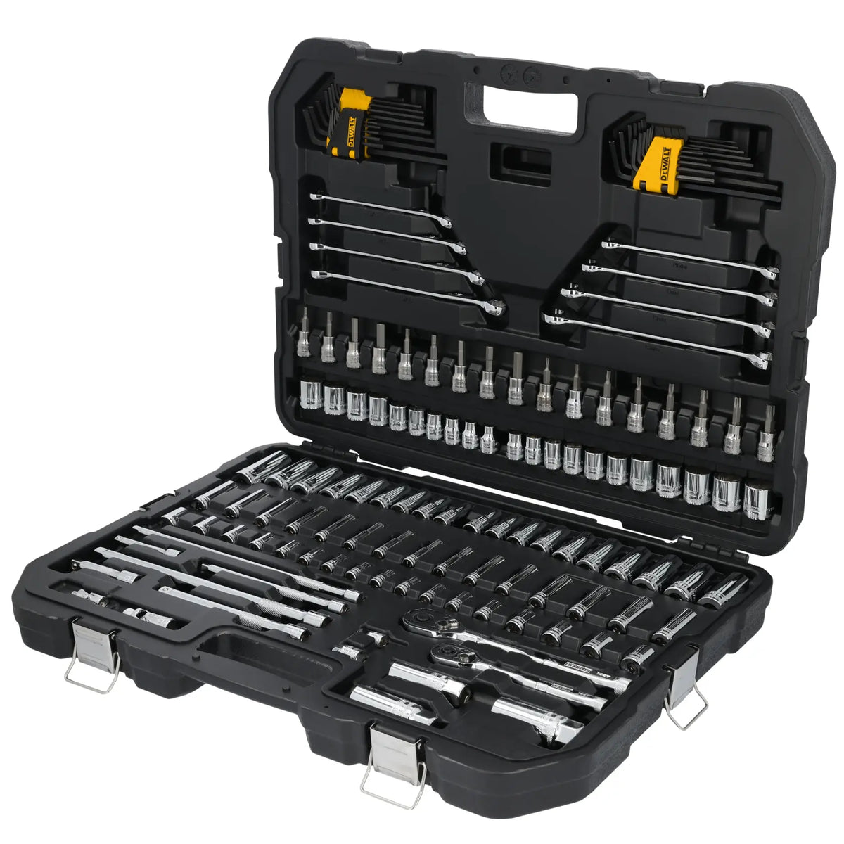 Angled view of the open DEWALT 140-piece mechanics tool set showing the organized internal storage of the 144-tooth ratchets, extension bars, and assorted SAE and Metric 6-point sockets.