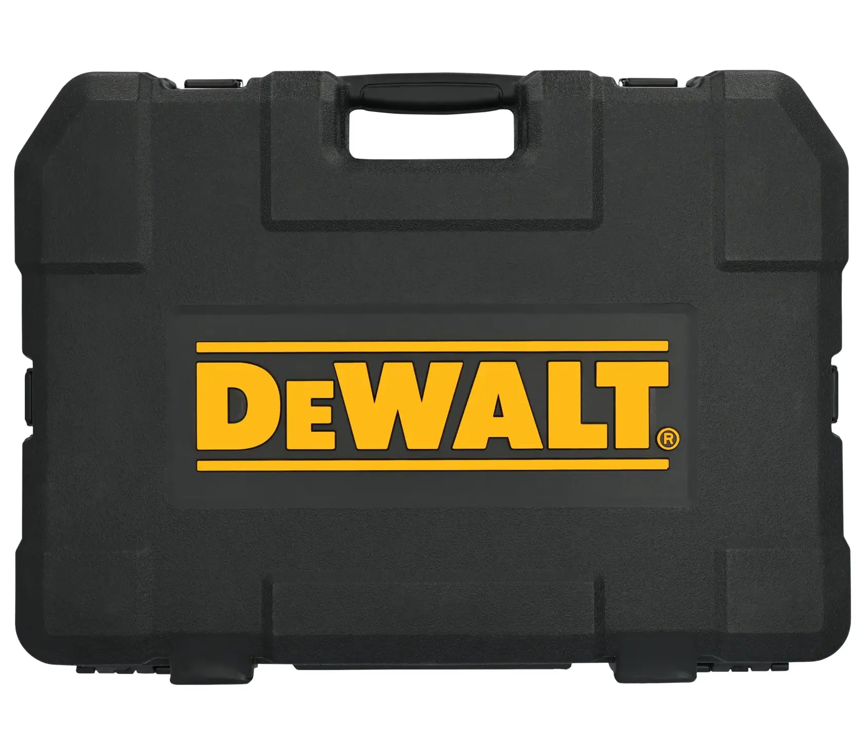 Front view of the closed DEWALT TOUGHSERIES impact-resistant carrying case featuring the prominent yellow DEWALT logo and a rugged textured finish for jobsite durability.