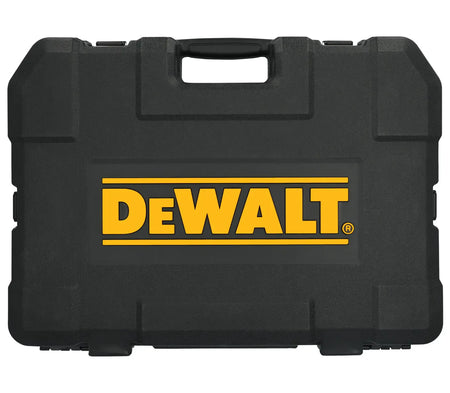 Front view of the closed DEWALT TOUGHSERIES impact-resistant carrying case featuring the prominent yellow DEWALT logo and a rugged textured finish for jobsite durability.