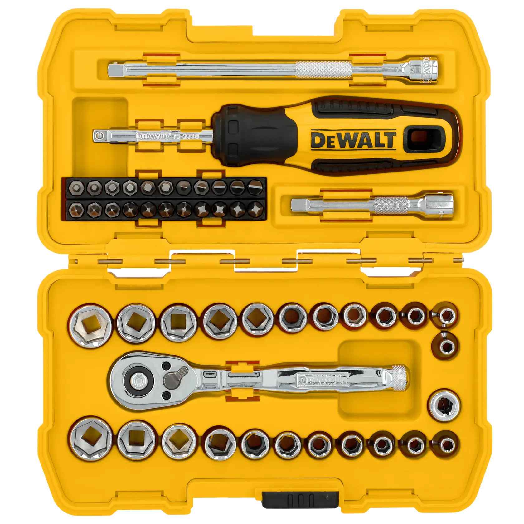The open DEWALT yellow compact storage case displaying the 50-piece 1/4-inch drive mechanics tool set, including a low-profile ratchet, extensions, multi-driver, and organized sockets and bits.