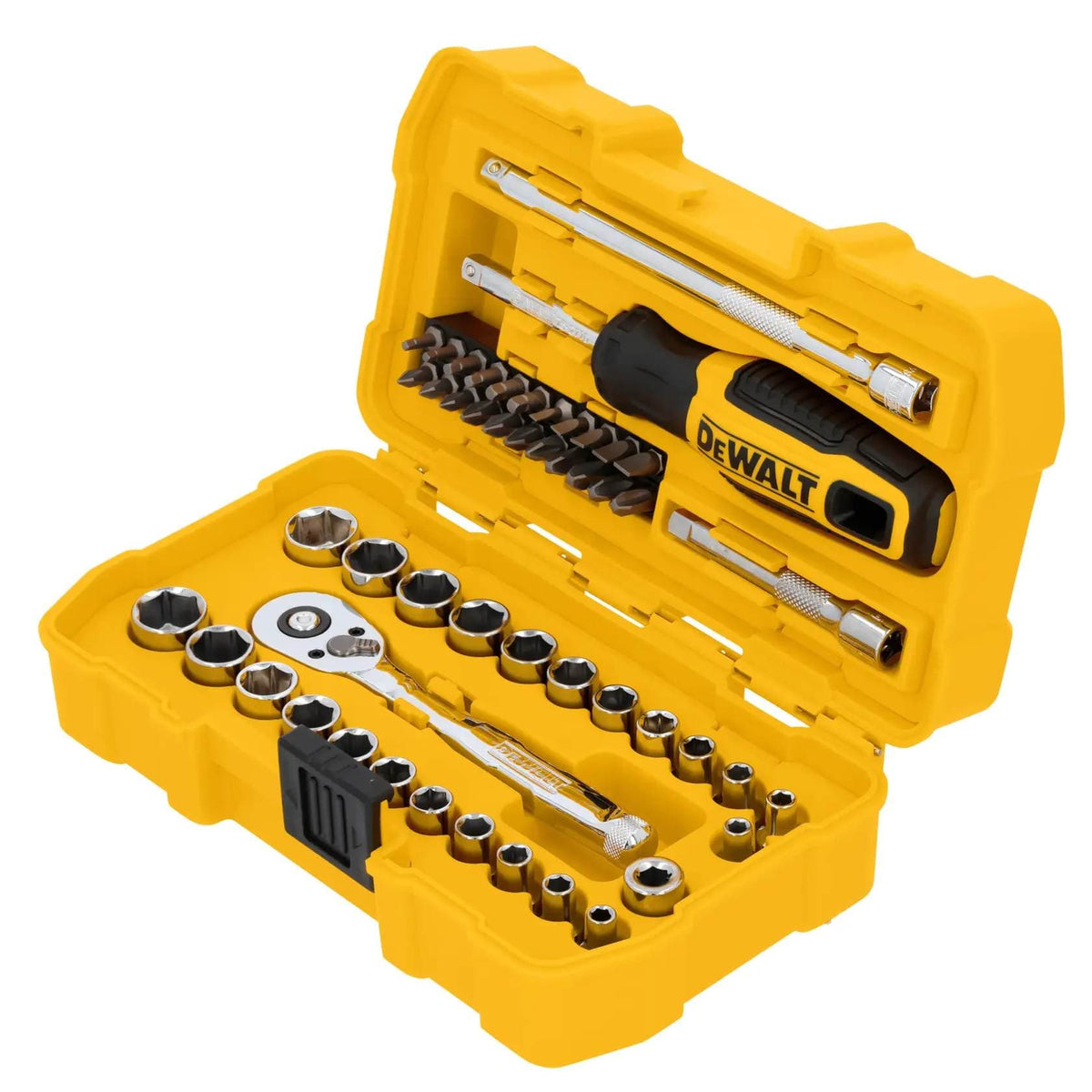 Angled view of the open DEWALT mechanics tool set showcasing the precise molded organization for the 72-tooth ratchet and chrome vanadium sockets.