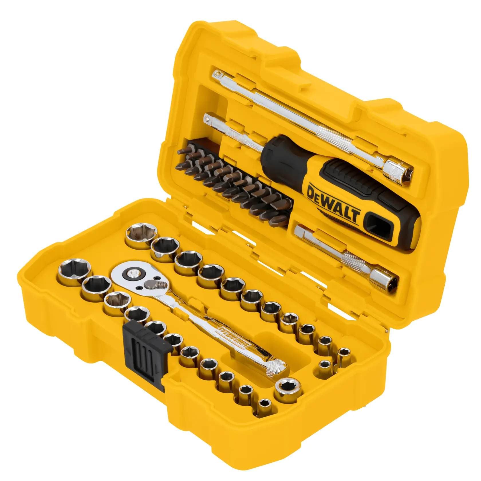 Angled view of the open DEWALT mechanics tool set showcasing the precise molded organization for the 72-tooth ratchet and chrome vanadium sockets.