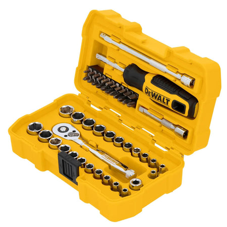Angled view of the open DEWALT mechanics tool set showcasing the precise molded organization for the 72-tooth ratchet and chrome vanadium sockets.