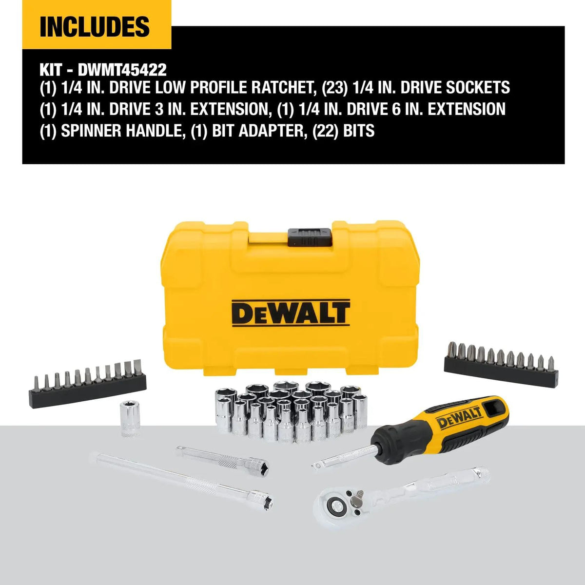 Included components diagram for the DEWALT DWMT45422 kit, listing the 1/4-inch low-profile ratchet, 23 sockets, two extensions, spinner handle, bit adapter, and 22 specialty bits.