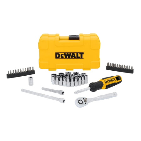 The full 50-piece DEWALT mechanics tool set displayed in front of its yellow hard case, featuring high-polish chrome sockets, ratchets, and driver bits for automotive repair.