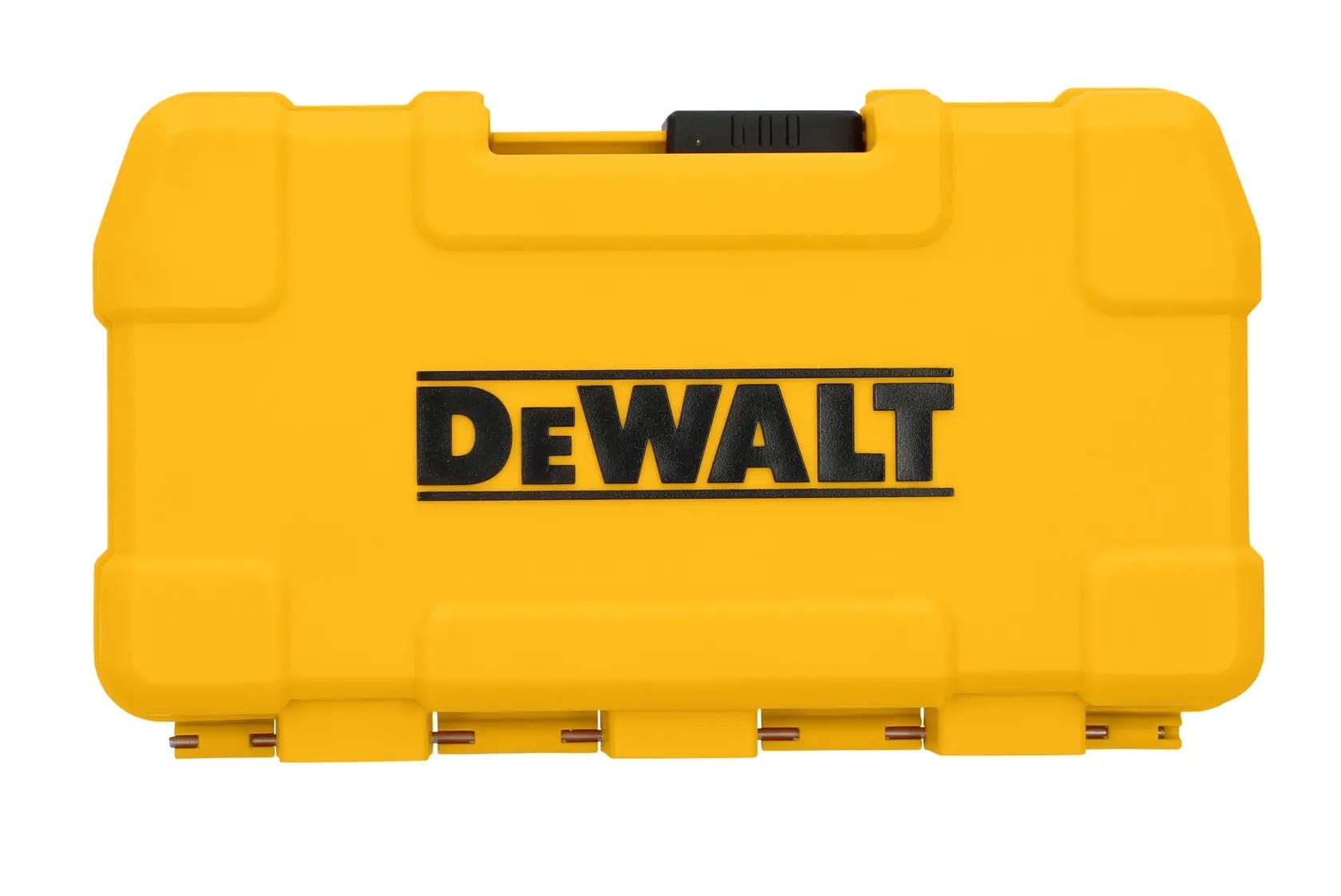 Top-down view of the closed DEWALT yellow compact carrying case featuring a secure sliding latch and the embossed DEWALT logo.