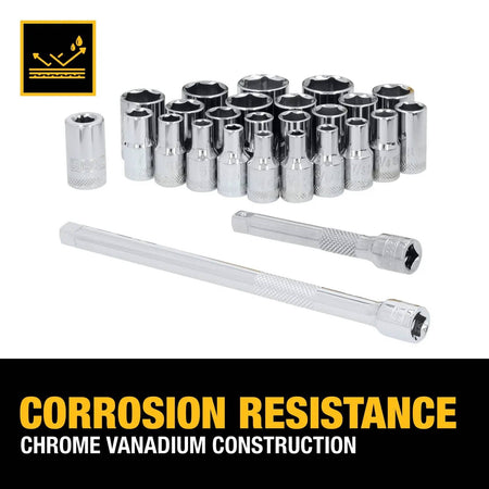 An array of DEWALT chrome vanadium sockets and extensions with a graphic overlay emphasizing the corrosion resistance provided by the high-grade chrome finish.