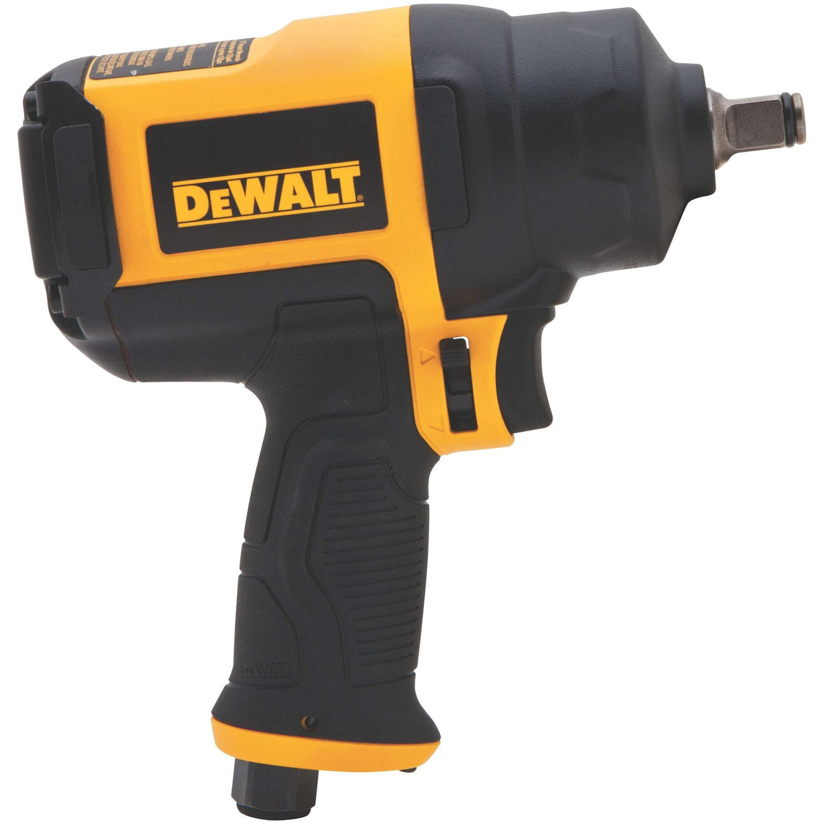 A studio product shot of the DEWALT DWMT70773L 1/2-inch drive heavy-duty air impact wrench, featuring a durable aluminum body, ergonomic black rubberized grip, and a specialized one-hand forward/reverse operation switch for professional automotive repair.